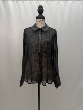 DKNY Jeans NWT Black Sheer Button-Down Script Print Blouse M